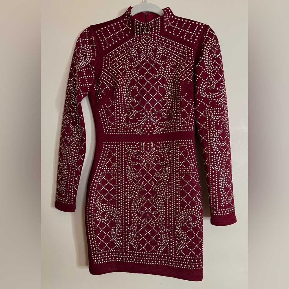 Burgundy, long sleeve dress.